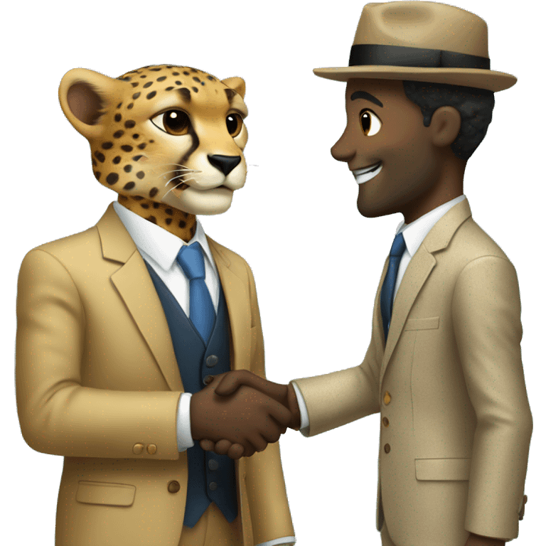 A cheetah in a classic suit shakes hands with a man  emoji