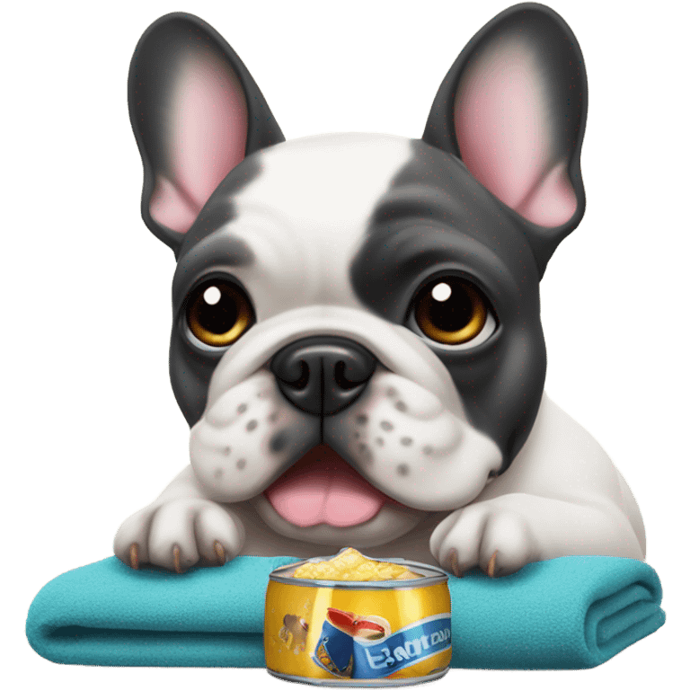 French bulldog watching tv in a beach drinking beer  emoji