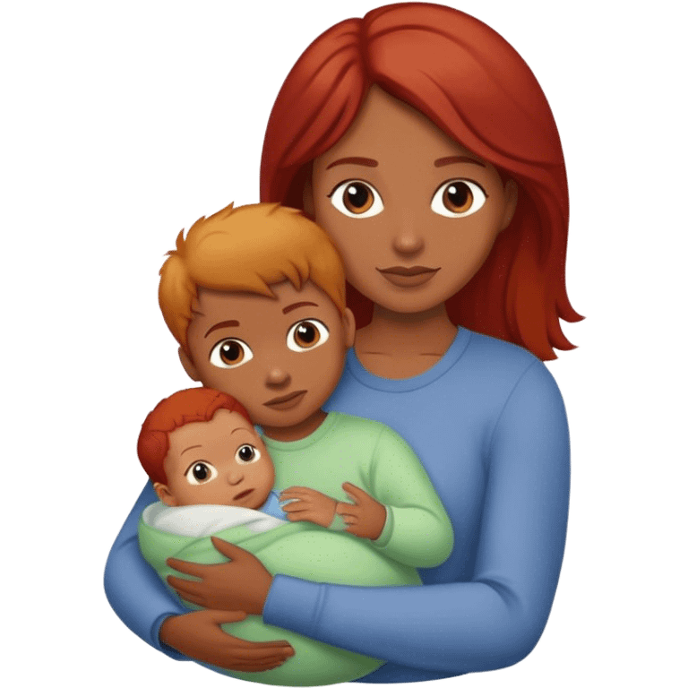 A mother with brown hair holds a red-haired baby and a blond boy  emoji