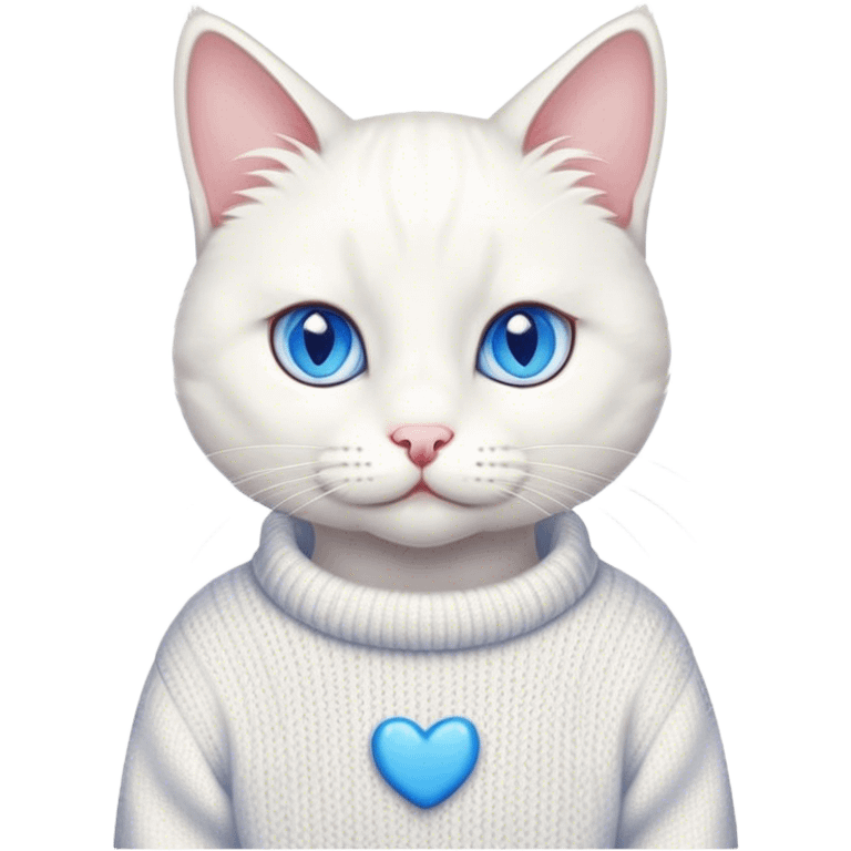 A white cat with blue eyes wearing a cute sweater  emoji