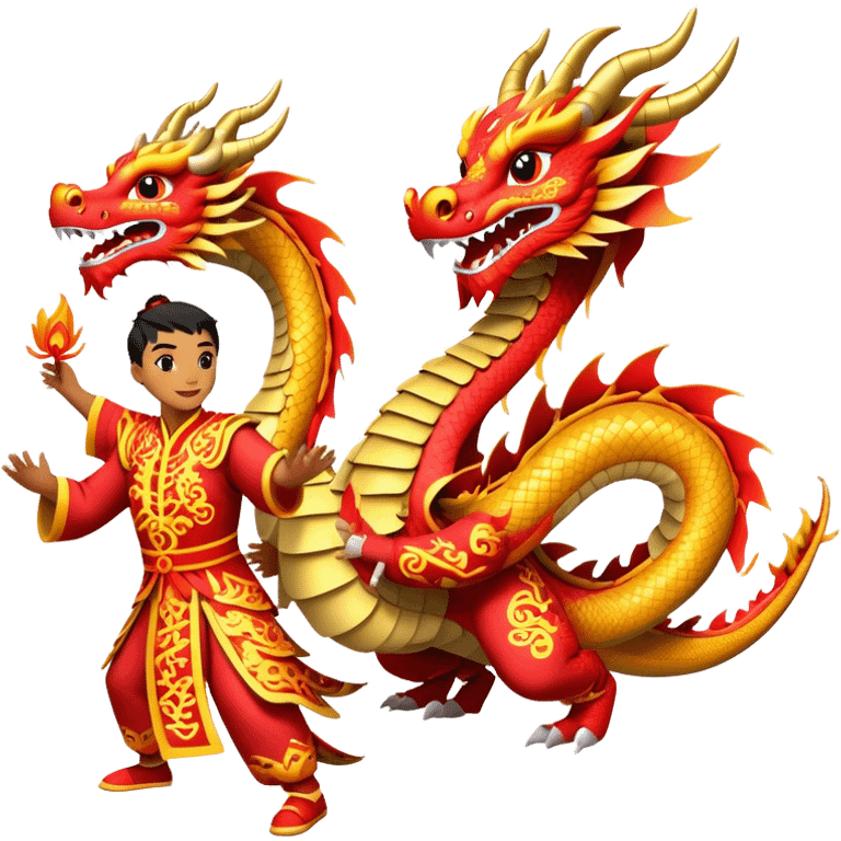 Cinematic Realistic scene of two performers guiding an elaborately designed dragon costume during a Dragon Dance, with vivid traditional patterns and dynamic motion, set under festive, red-tinged lighting emoji