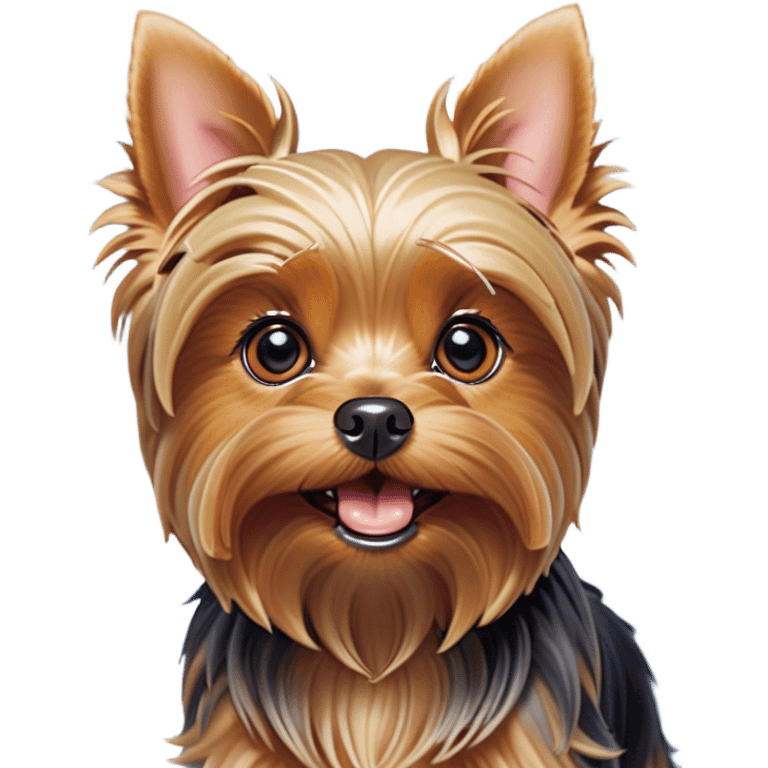 Cinematic Comical Yorkshire Terrier Portrait Emoji, Head tilted dramatically with an exaggeratedly surprised, comical expression and wide, expressive eyes, featuring a perky, well-groomed fur in rich hues, simplified yet hilariously detailed, glowing with a bold, sassy radiance, high shine, exuding playful mischief and cheeky terrier attitude, styled with a soft glowing outline, capturing the essence of a Yorkshire Terrier that appears ready to comically dash out of the frame! emoji