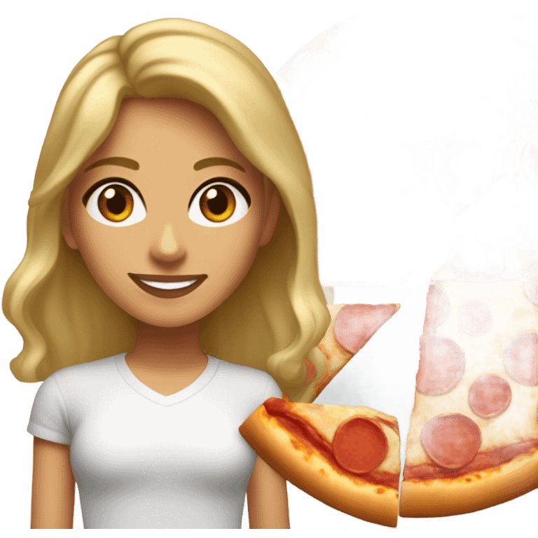 young adult woman with dirty blonde hair and amber eyes with Mexican facial features eating pepperoni pizza emoji