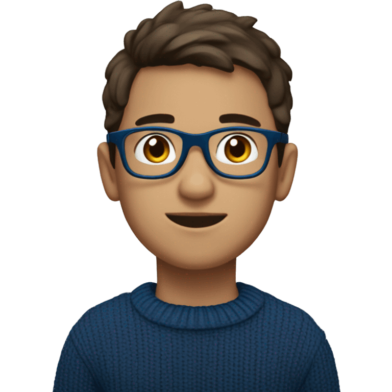 winter, christmas, young boy, short  brown hair, brown eyes, hispanic, dark blue sweater, full body, blue glasses emoji