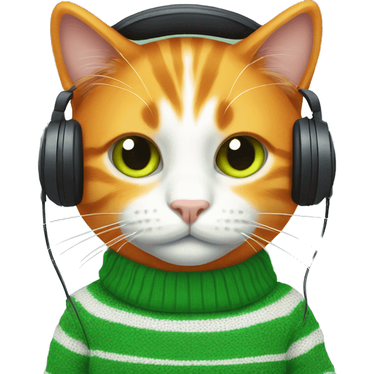 Orange cat wearing green and white stipe sweater and headphones emoji