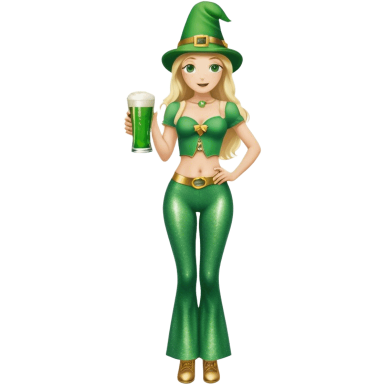 Blonde haired pretty woman with freckles glittery green bell bottoms and tall leprechaun hat holding a green beer emoji