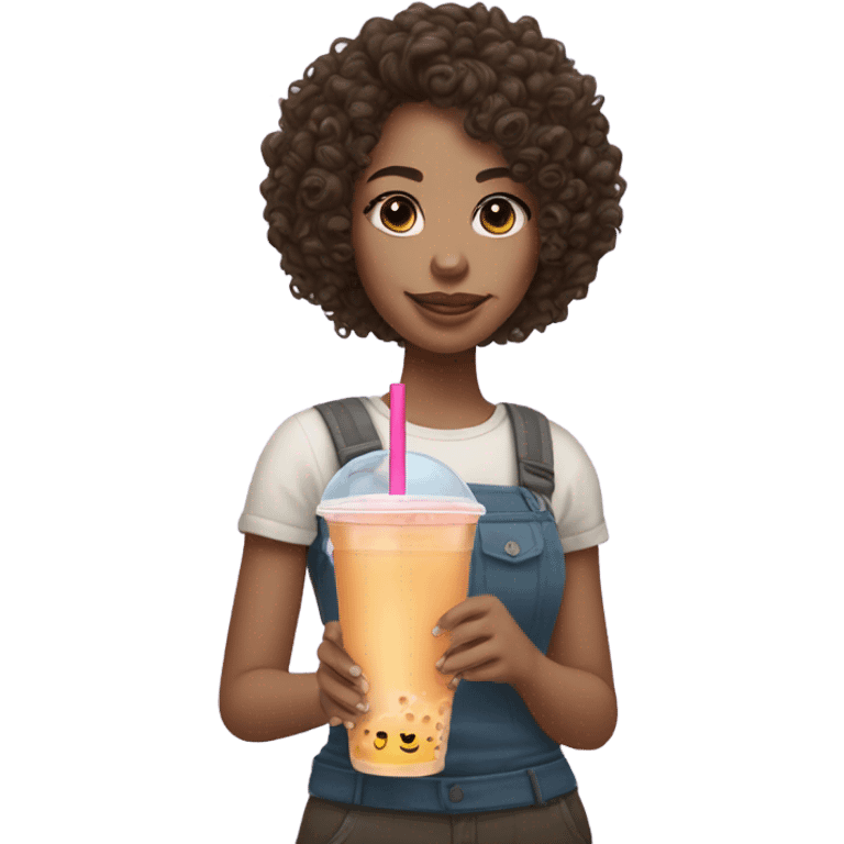 Curly headed brunette with white skin drinking bubble tea emoji