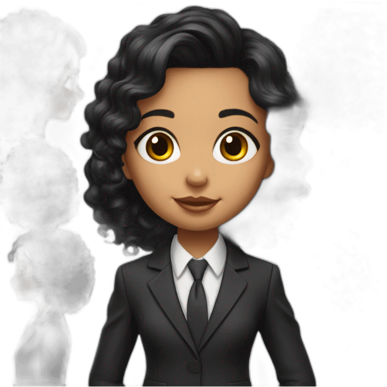 Cute Girl Black Hair Sidecut and perms wearing a Black suit hyperrealistic emoji