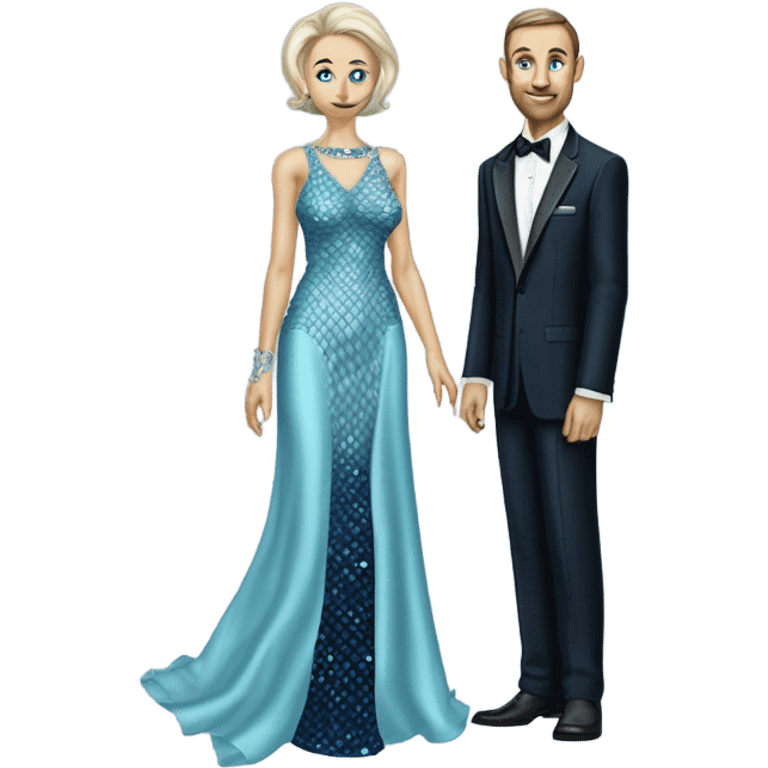 reptilian alien woman, in long slim pastel blue formal party satin dress with gradient shiny sparkling navy blue diamonds embroidered , and caucasian man in black dress emoji