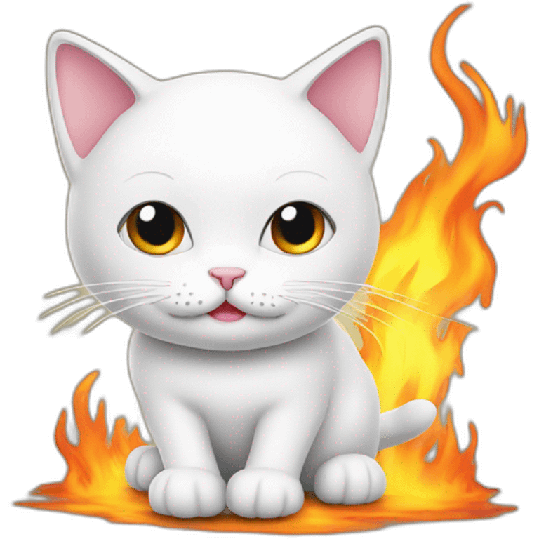 white cat solving problem fire background emoji