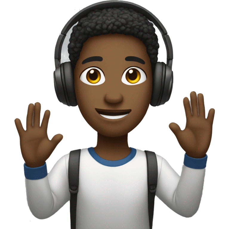 black student with headphones, one hand raised to ask a question emoji