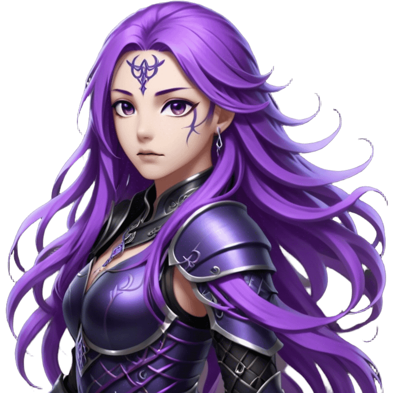 A mysterious warrior girl with long, flowing purple hair cascading down her back, strands catching the dim light like silk. Her piercing violet eyes glow. She wears sleek black armor, a perfect fusion of elegance and lethality, adorned with intricate silver engravings resembling ancient runes.  emoji