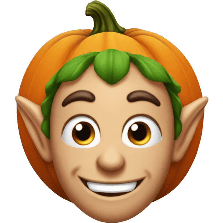 Elf with a pumpkin head, carved smile face on the pumpkin, leaves in hair, Halloween theme, emoji emoji