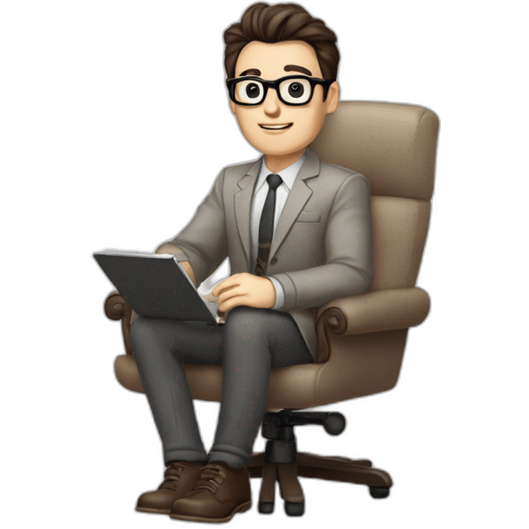 Pale skinned Fit Man With dark brown hair in gray jacket, beige office shirt and vintage glasses sitting In a soft chair with a notebook with emblem Ψ and a pen in his hands emoji