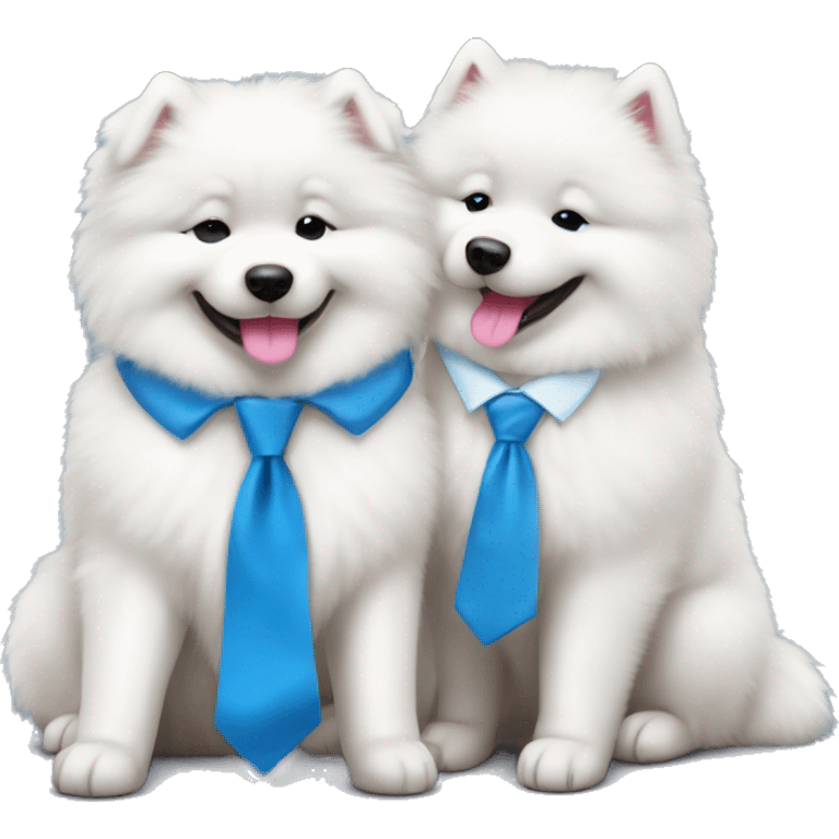 Samoyed with a blue tie hugging another Samoyed with pink bow emoji