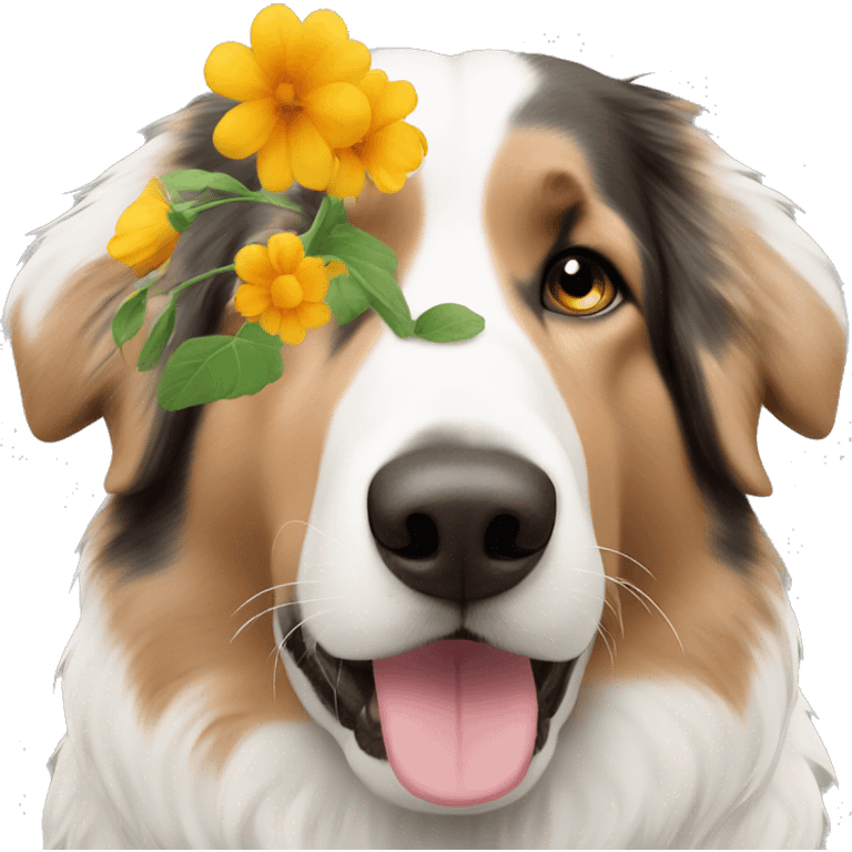 Black white and brown Austrian Shepherd smelling a flower emoji