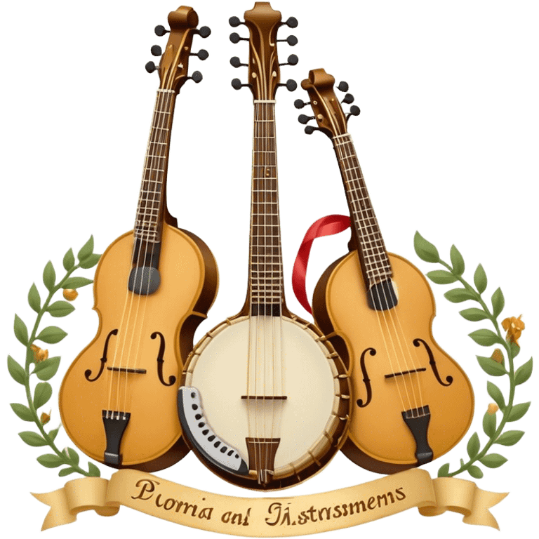 Design a complex, festive, and professional emblem-like emoji representing plucked string instruments. The composition should resemble a heraldic crest, featuring iconic instruments like a banjo, mandolin, domra, and sitar, artistically arranged in a balanced and symmetrical layout. The necks of the instruments should extend upward, intertwining with a flowing ribbon of musical notes, which weaves elegantly around the strings and headstocks. The design should incorporate intricate details, such as carved patterns on the instruments and decorative fretboards, while maintaining clarity and recognizability. Use a rich and celebratory color palette with gold, deep brown, and vibrant accents, adding subtle highlights and shadows for a polished, three-dimensional look. Include ornate elements like laurels, swirls, or subtle engraving to enhance the emblematic feel. The background should be transparent to highlight the composition as a standalone emblem. emoji