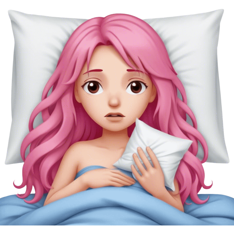 Young Woman with long pink hair In bed with sinus pain  emoji