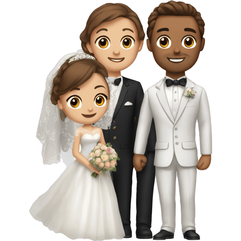 design an emoji with a bride with brown eyes and brown hair, standing next to her groom with brown hair and blue eyes emoji