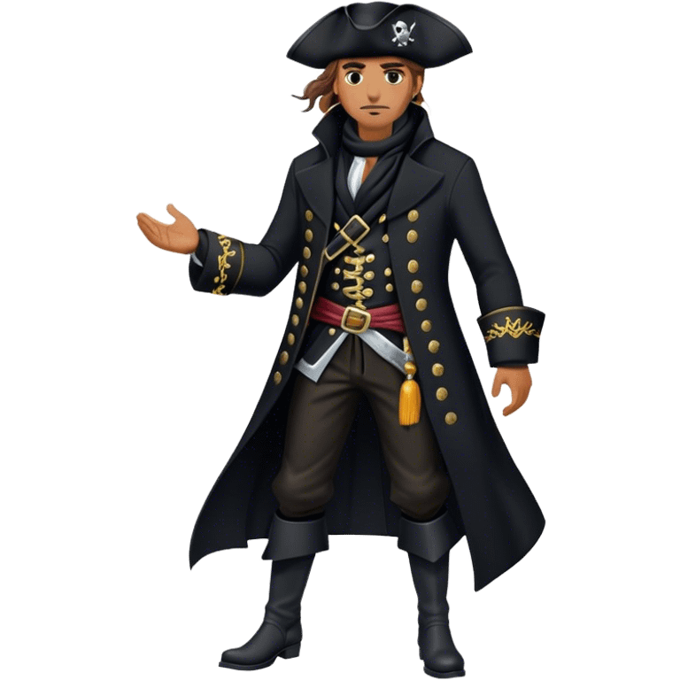 A confident pirate captain in a tailored black coat with silver embroidery, black boots, and a windswept black scarf. emoji