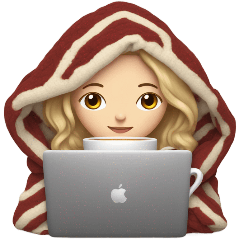 White Girl drinking tea with blanket on a macbook emoji