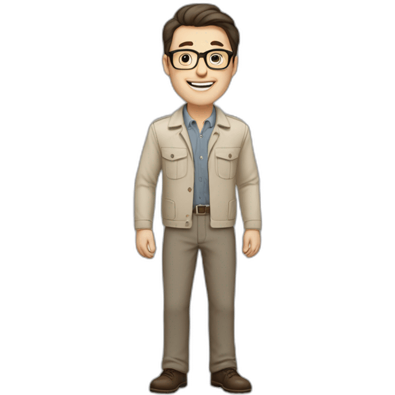 Joyful Full height Pale skinned Fit Man With dark brown hair in gray jacket, beige office shirt, Brown pants and vintage glasses. His thrumbs up emoji