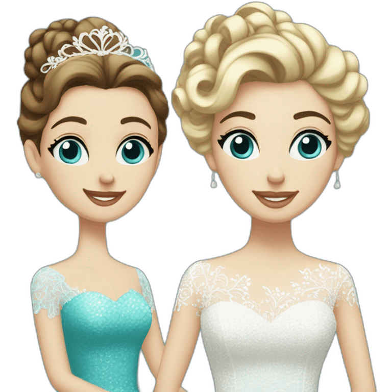 Bride with brown hair into a bun, blue eyes and a lace dress. Next to her the bride's mother with blonde curls and a turquoise sequined dress with sleeves. emoji