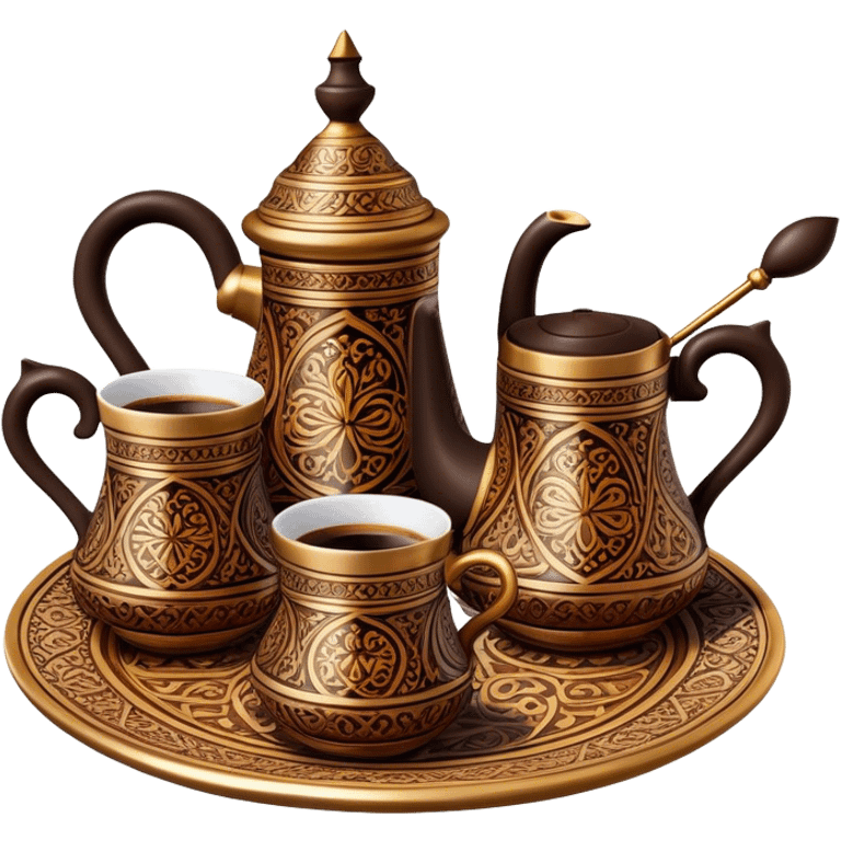 Turkish Coffee Set – Cinematic Realistic Turkish Coffee Set, depicted as an elegantly arranged ensemble of ornate coffee cups and a traditional cezve pot, adorned with intricate patterns and rich, warm colors, rendered with detailed textures and soft ambient lighting that captures its cultural heritage. emoji