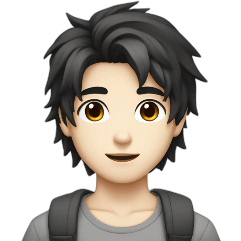 Boy white skin black hair brown eyes gray t-shirt anime style emoji