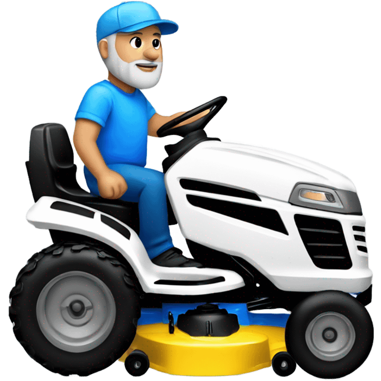 Bigger white man with short grey beard and blue hat riding lawn mower  emoji