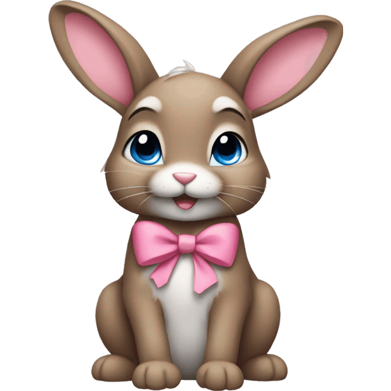 cute brown bunny with pink bow, one leg white, other gray, blue eyes, more light emoji