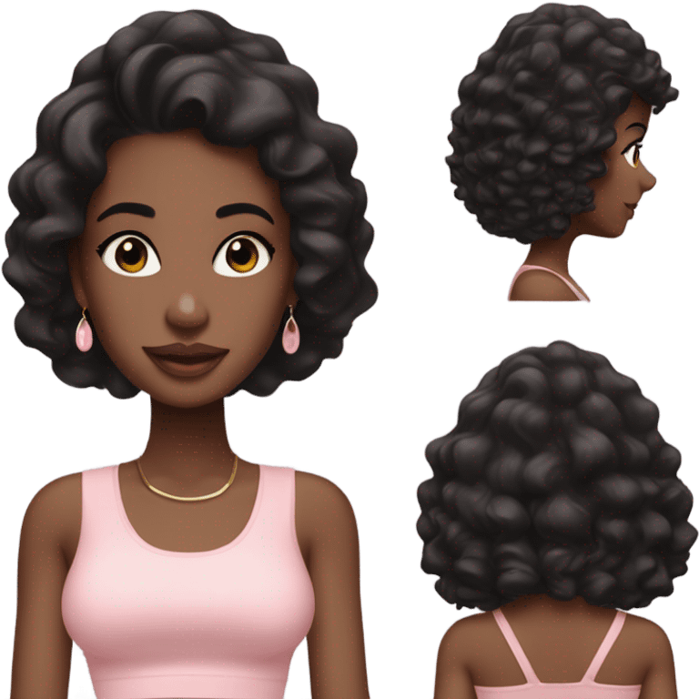 Black girl with wavy black hair wearing a light pink crop top with earrings in with lipgloss emoji