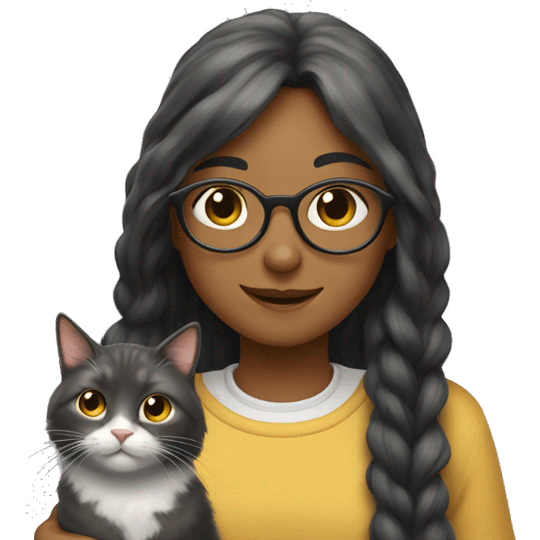 A long-haired girl with round glasses is petting a cat. emoji