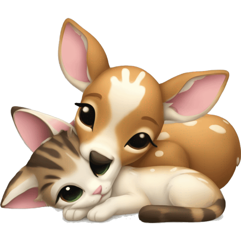 Fawn and kitten laying down curled up together emoji