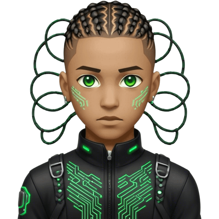 Light skinned African American male with green eyes as a cyberpunk hacker with cornrows hairstyle but short cornrows  emoji