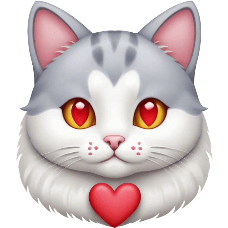 grey and white cat with hearts emoji