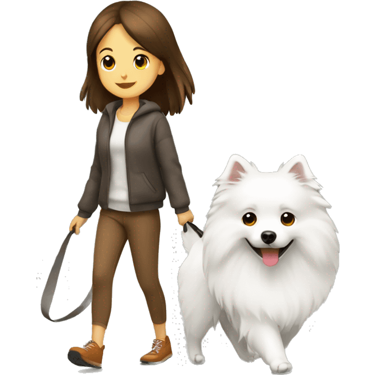 Japanese spitz dog walk with brown hair girl emoji