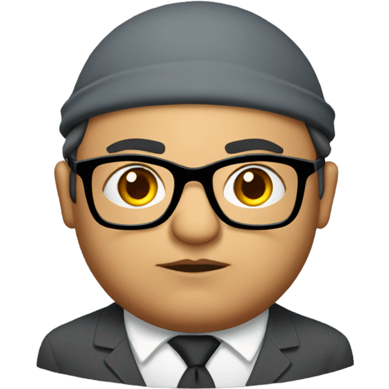 Grumpy fat indian teacher with glasses, and wearing gray beret and small eyes emoji