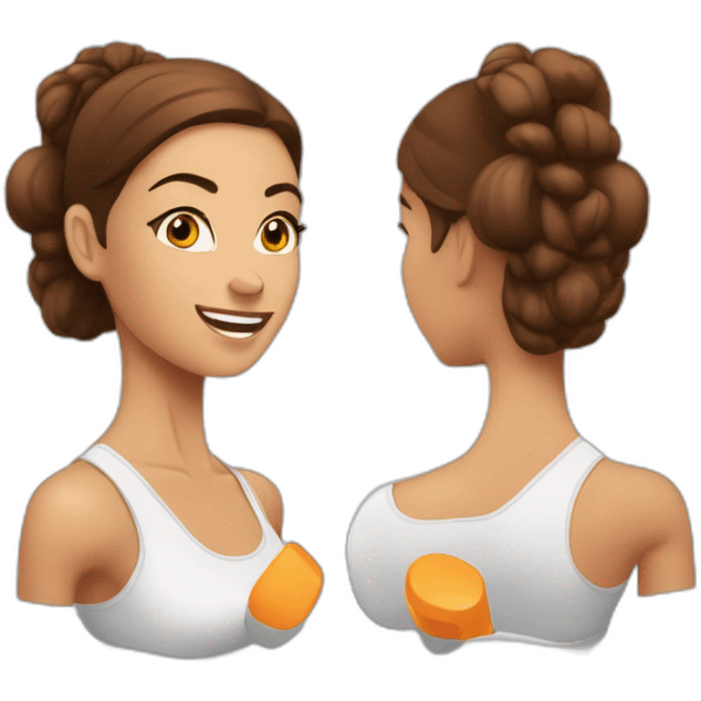 White beautiful women with brown hair. Fitness women with dumbbells in their hands emoji