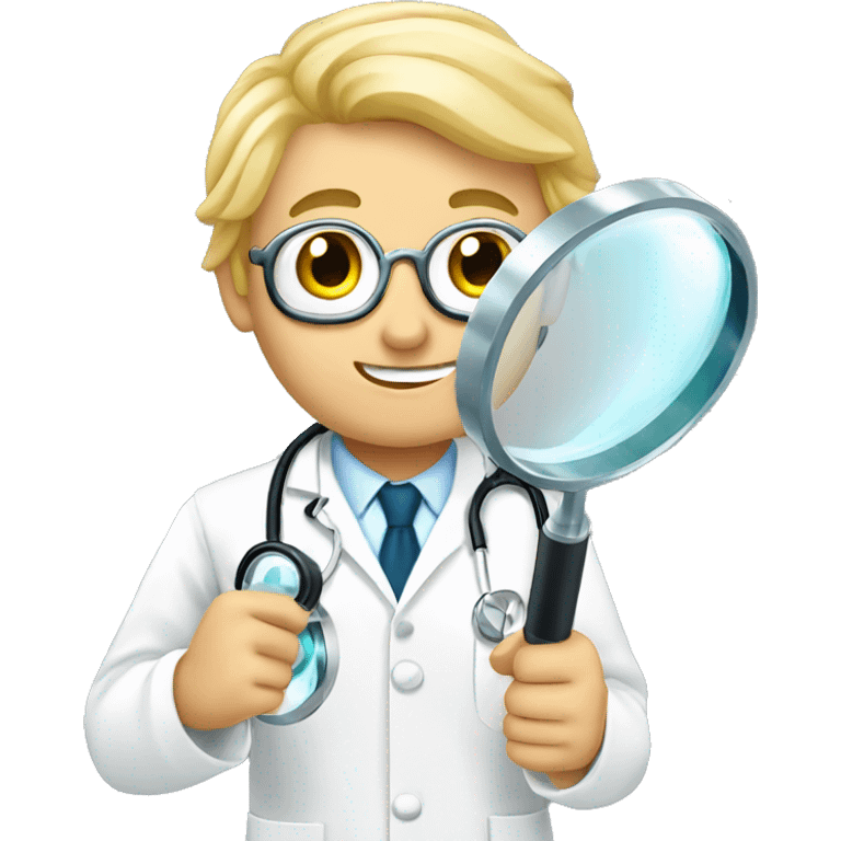 blonde doctor boy holding magnify glass in hands emoji