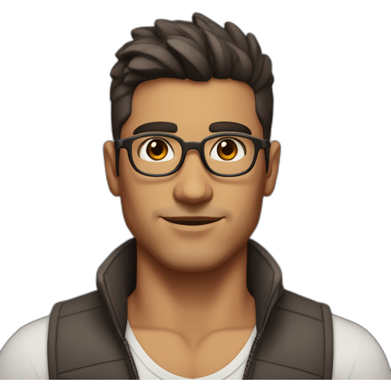 male, low fade hair with tufts, tan skin color, brown eye color, sharp nose, slightly large eyes, slightly thick eyebrows, wearing a vest, wearing glasses emoji