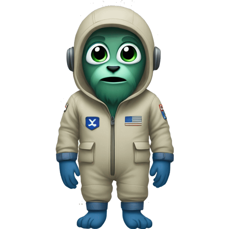 A yeti with big eyes wearing a khaki green flight suit with blue hands and feet emoji