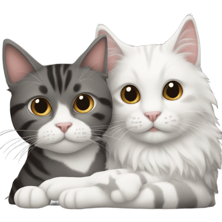 A grey & white cat and a black,brown, and white fluffy cat snuggling  emoji