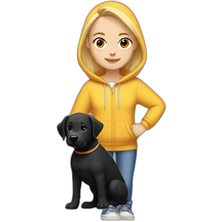 A blonde girl  with smooth hair and a ray in the middle of his hair, she has light skin a few freckles, and she wear a hoodies and she Carries in his arms a black baby labrador dog  emoji