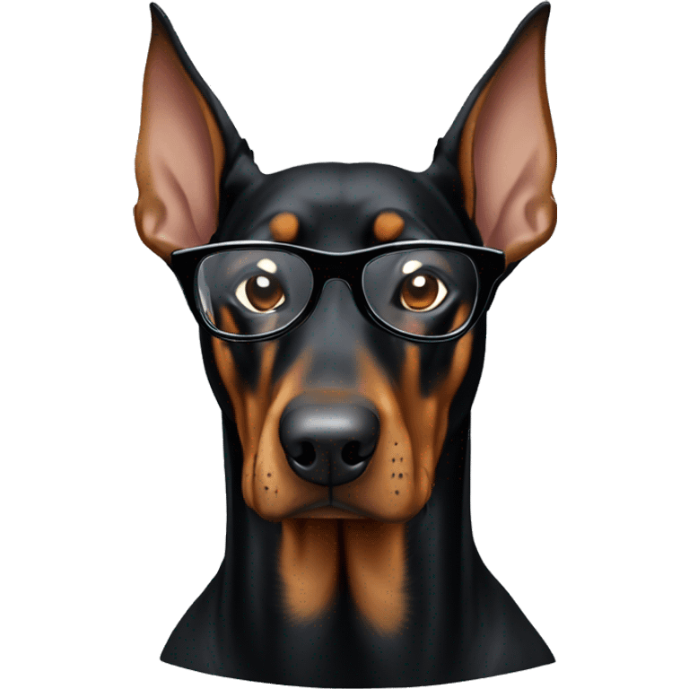 Doberman in glasses with black frames and a sweatshirt is sad emoji