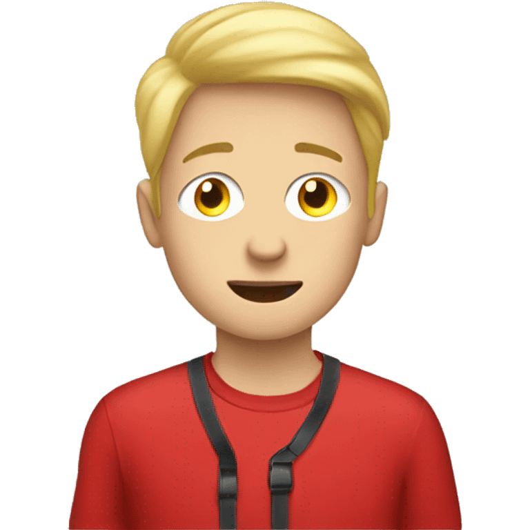 blond teenage boy with red shirt looking through binoculars emoji