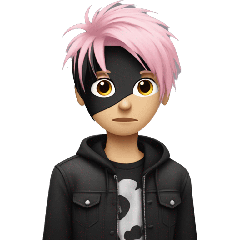 Create an emoji of an emo guy with split-dyed hair—one side pastel pink and the other side black. The hair should have a slightly messy, choppy texture, and the character should have a subtle, sad expression, wearing dark clothing typical of emo fashion emoji