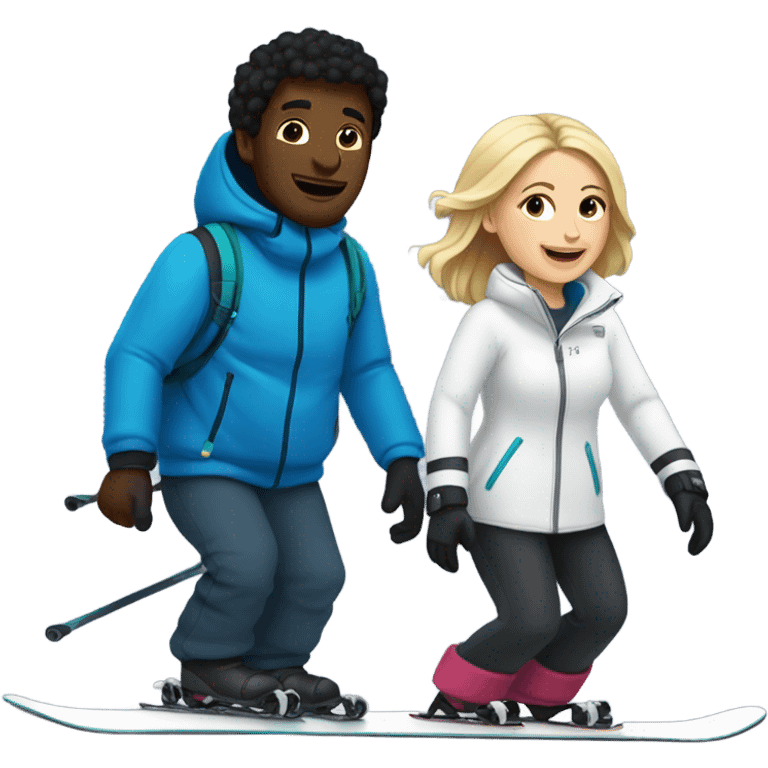 A black man snowboarding and a white dark haired woman skiing  emoji