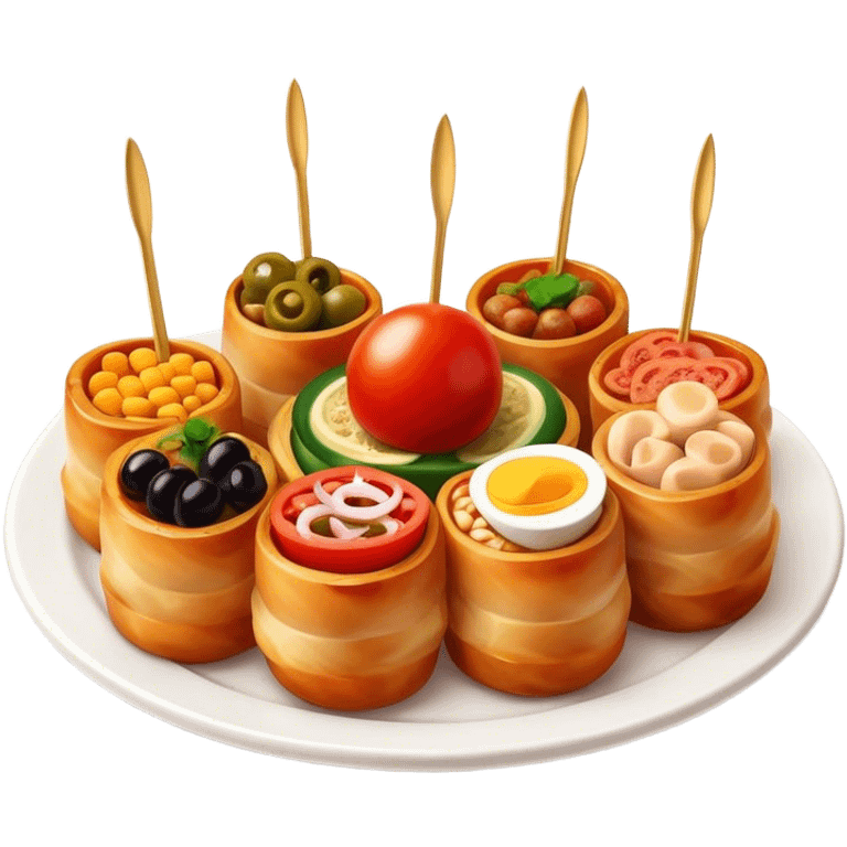 Tapas (4 Pintxos) Cinematic Realistic Tapas Dish Emoji, depicted as an assortment of 4 pintxos elegantly arranged on a plate, rendered with lifelike textures and vibrant, inviting lighting. emoji