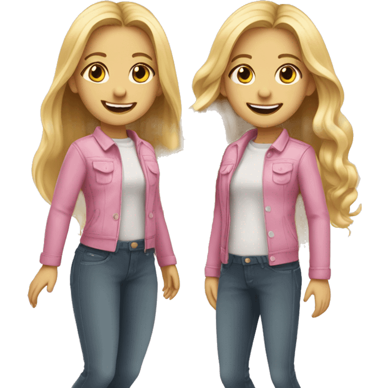 An emoji of twin girls with long blonde hair, standing side by side, wearing matching outfits and smiling emoji